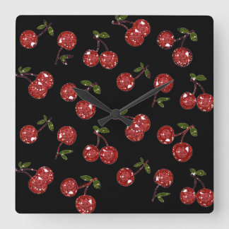 RAB Rockabilly Väldigt Cherry Cherries on Black Fyrkantig Klocka