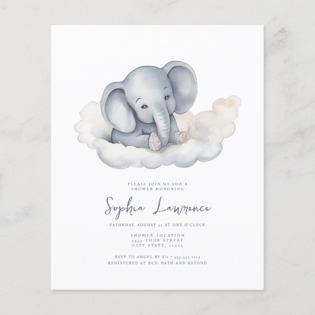 Rabatterad Baby Elefant på en Bebis Shower Inbjuda (Framsida)