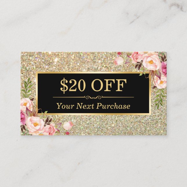 Rabattkupong - Beauty Salon Blommigt Guld Glitter Rabattkort (Framsida)