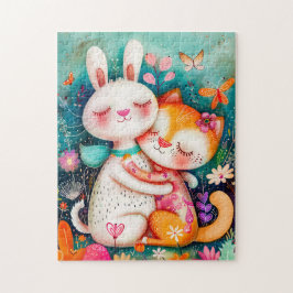 Rabbit and Cat Hugging each other with butterflys Pussel