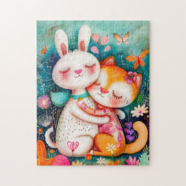 Rabbit and Cat Hugging each other with butterflys  Pussel (Vertikal)