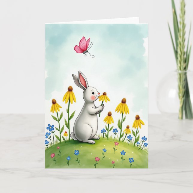 Rabbit And Flowers Cute Scene Card Kort (Framsida)