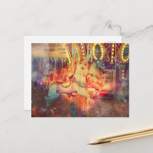 Rabbit and Horse Merry Go Round Vykort (Fram/Back In Situ)