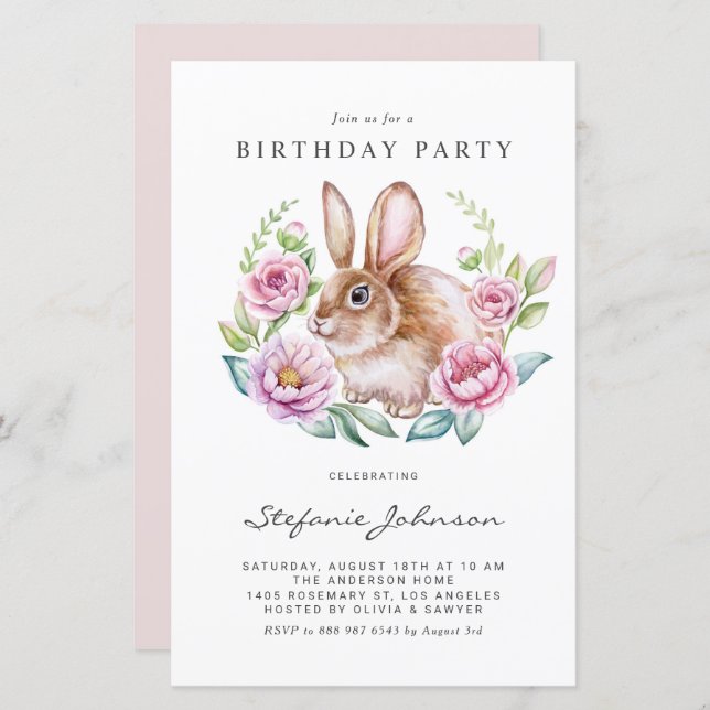 Rabbit and Pink Flowers Birthday Party Invitation (Fram/baksida)