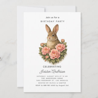 Rabbit and Pink Flowers Birthday Party Invitation Julkort