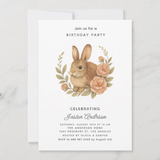 Rabbit and Pink Flowers Birthday Party Invitation Julkort