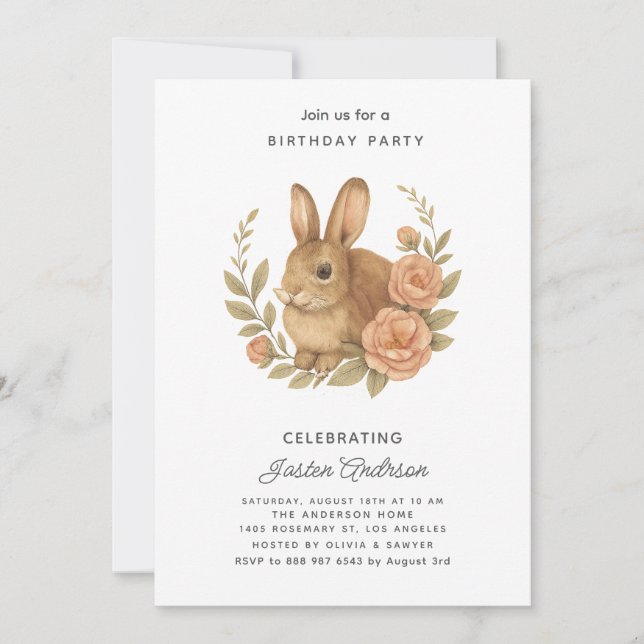 Rabbit and Pink Flowers Birthday Party Invitation Julkort (Framsida)