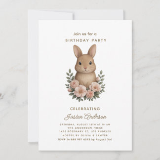 Rabbit and Pink Flowers Birthday Party Invitation Julkort