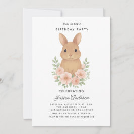 Rabbit and Pink Flowers Birthday Party Invitation Julkort