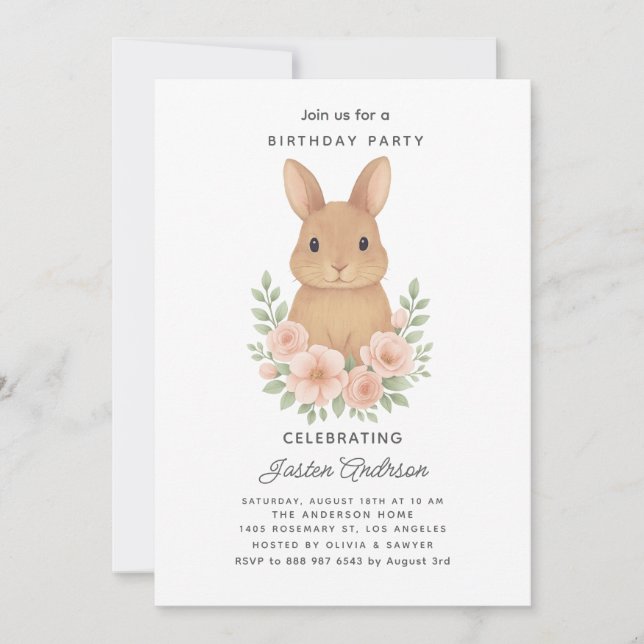 Rabbit and Pink Flowers Birthday Party Invitation Julkort (Framsida)