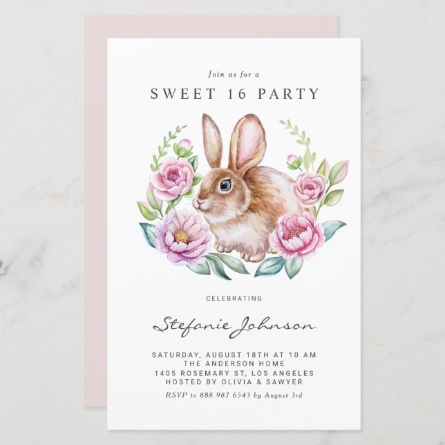 Rabbit and Pink Flowers Sweet 16 Party Invitation (Fram/baksida)