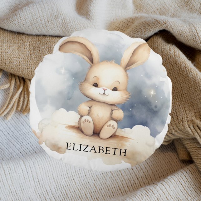 Rabbit baby blue himlar beige boho plantskola rund kudde (Skapare uppladdad)