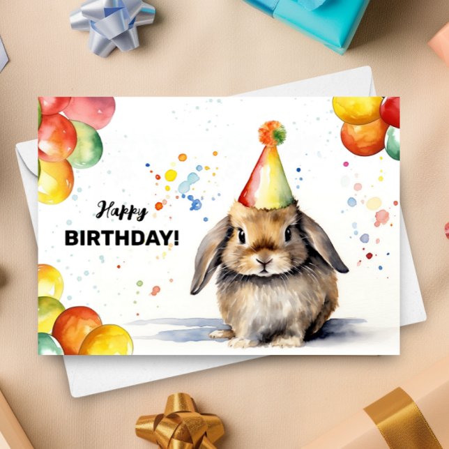 Rabbit Balloons and Party Hat Lop Bunny Birthday Kort (Skapare uppladdad)