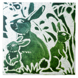 Rabbit Batik Modern Grönt Blue Blommigt Woodland A Kakelplatta