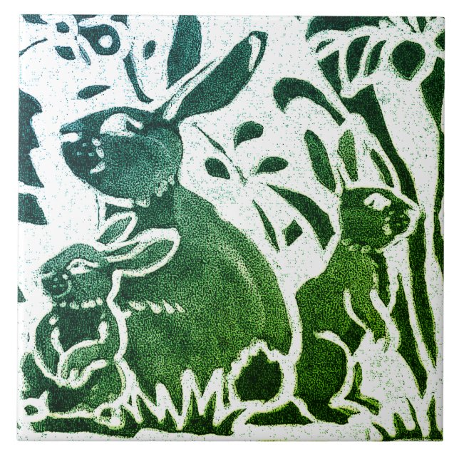 Rabbit Batik Modern Grönt Blue Blommigt Woodland A Kakelplatta (Framsidan)