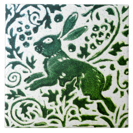 Rabbit Batik Modern Grönt Blue Blommigt Woodland Kakelplatta