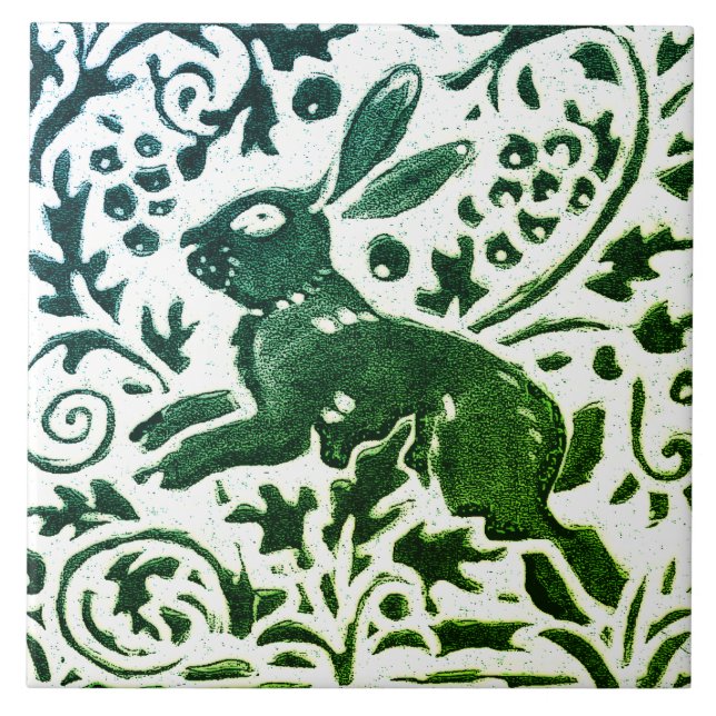 Rabbit Batik Modern Grönt Blue Blommigt Woodland Kakelplatta (Framsidan)