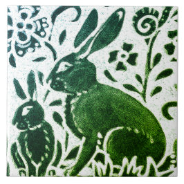 Rabbit Batik Modern Grönt Blue Blommigt Woodland Kakelplatta
