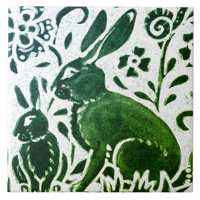 Rabbit Batik Modern Grönt Blue Blommigt Woodland Kakelplatta (Framsidan)