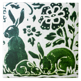 Rabbit Batik Modern Grönt Blue Blommigt Woodland Kakelplatta
