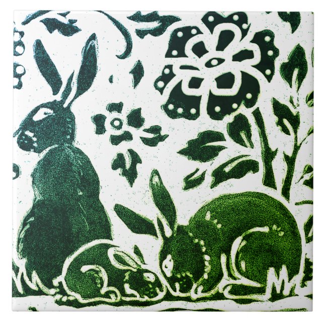 Rabbit Batik Modern Grönt Blue Blommigt Woodland Kakelplatta (Framsidan)