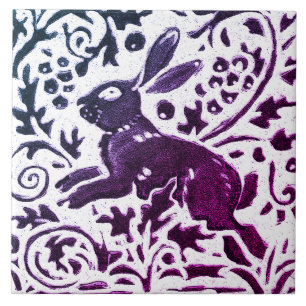 Rabbit Batik Modern Lila Blue Blommigt Woodland Kakelplatta