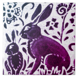 Rabbit Batik Modern Lila Blue Blommigt Woodland Kakelplatta