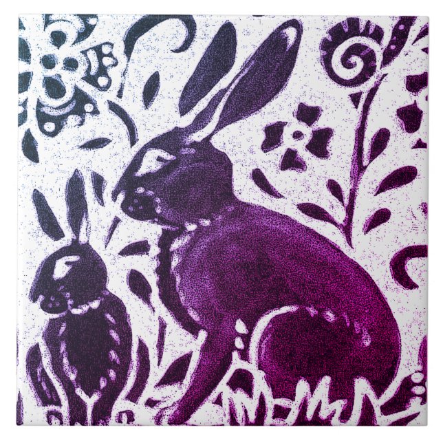 Rabbit Batik Modern Lila Blue Blommigt Woodland Kakelplatta (Framsidan)