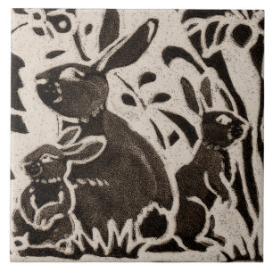 Rabbit Batik Stoneware Woodland Animal Tan Brown Kakelplatta