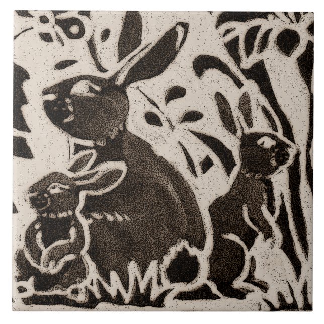 Rabbit Batik Stoneware Woodland Animal Tan Brown Kakelplatta (Framsidan)