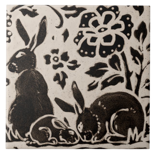 Rabbit Batik Stoneware Woodland Animal Tan Brown Kakelplatta (Framsidan)