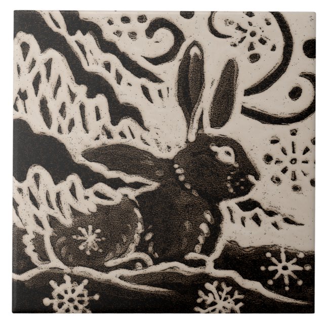 Rabbit Batik Stoneware Woodland Animal Tan Brown Kakelplatta (Framsidan)