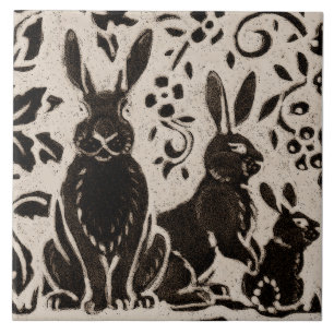 Rabbit Batik Stoneware Woodland Animal Tan Brown Kakelplatta