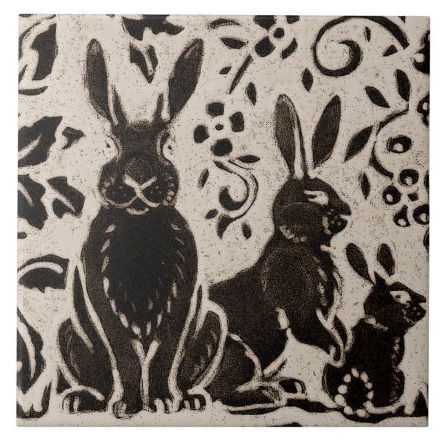 Rabbit Batik Stoneware Woodland Animal Tan Brown Kakelplatta (Framsidan)