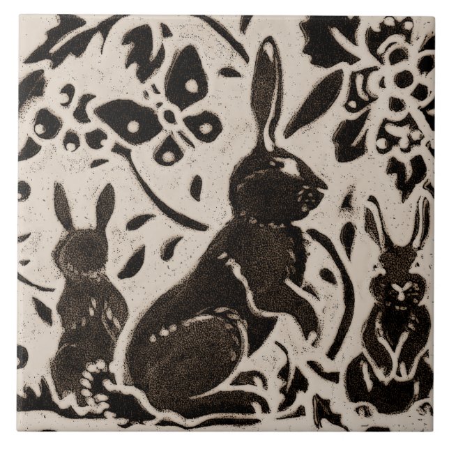 Rabbit Batik Stoneware Woodland Animal Tan Grått Kakelplatta (Framsidan)