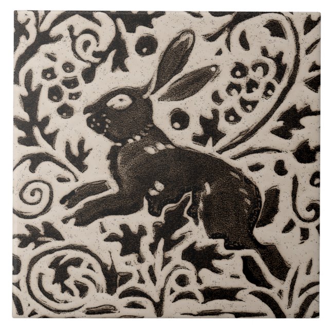 Rabbit Batik Stoneware Woodland Animal Tan Grått Kakelplatta (Framsidan)