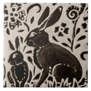Rabbit Batik Woodland Animal Tan Grått Brown Blom Kakelplatta