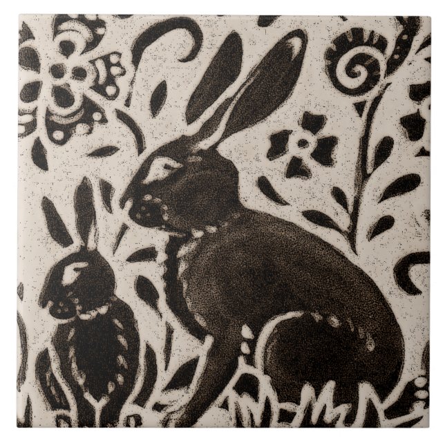Rabbit Batik Woodland Animal Tan Grått Brown Blomm Kakelplatta (Framsidan)