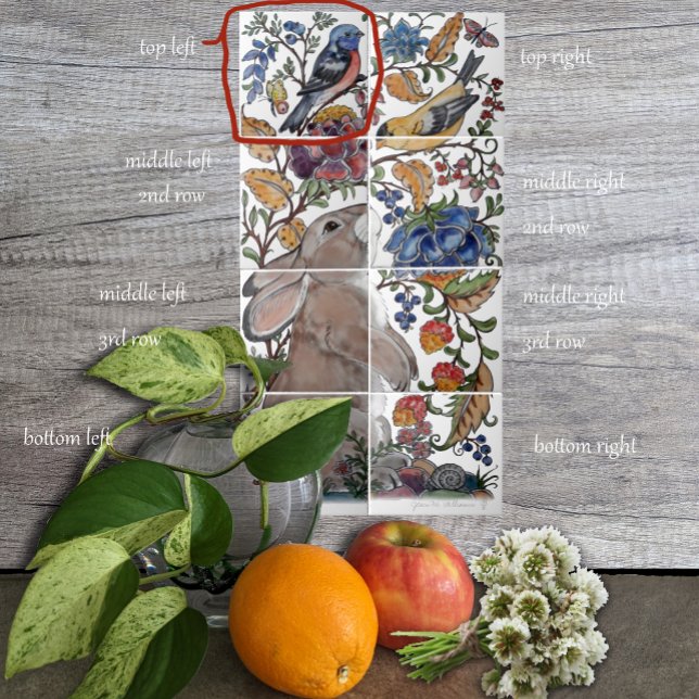 Rabbit Bird Jacobean Blommigt Tile Mural 8pc L Rad Kakelplatta (Skapare uppladdad)