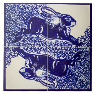 Rabbit Bunny Blommigt Navy Blue Teckning Elegant Kakelplatta