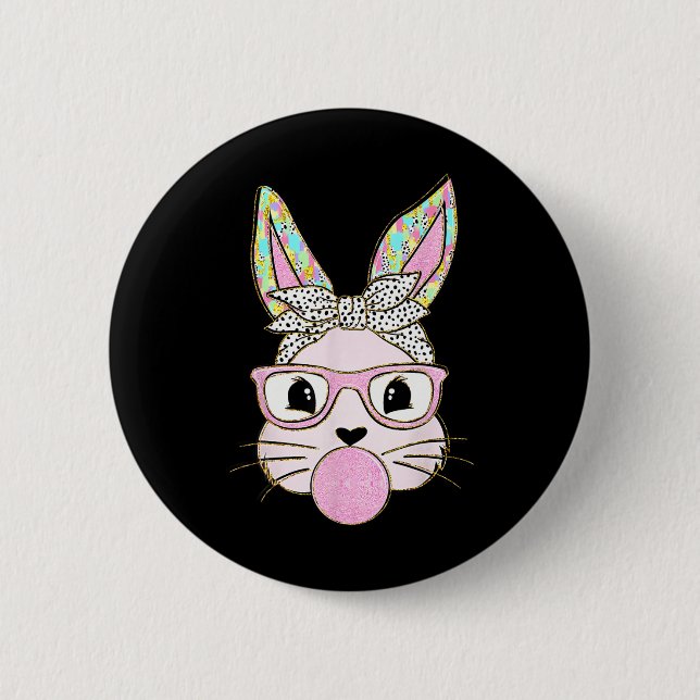 Rabbit Bunny Blowing Bubble Gum Påsk Day Cute Knapp (Framsida)