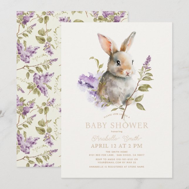 Rabbit Bunny Lila Lilac Blommigt Baby Shower Inbjudningar (Fram/baksida)