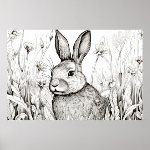 Rabbit Bunny Peacnice Nature Prairie Sketch Art Poster