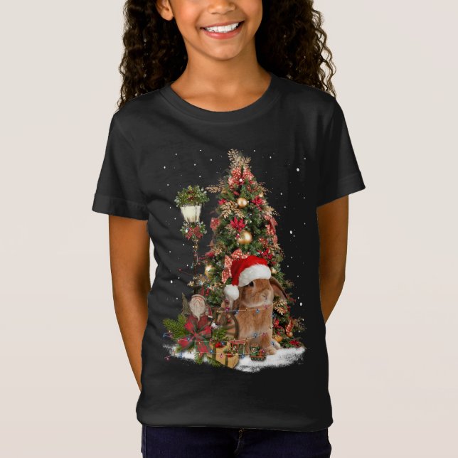 Rabbit Bunny Santa Träd Ljus Dwarf Lop Eared Chr T Shirt (Framsida)