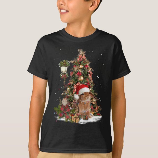 Rabbit Bunny Santa Träd Ljus Dwarf Lop Eared Chr T Shirt (Framsida)