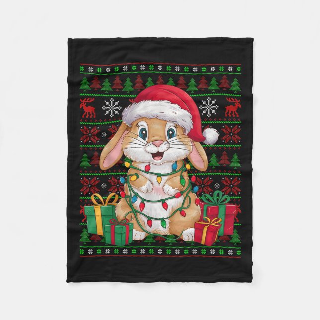 Rabbit Bunny Xmas Lights Ugly Santa Hat Bunny Chri Fleecefilt (Framsidan)
