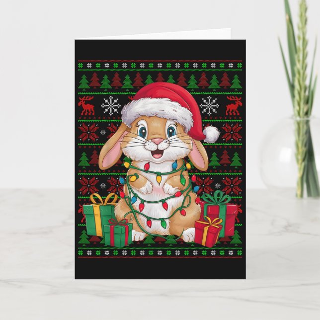 Rabbit Bunny Xmas Lights Ugly Santa Hat Bunny Chri Kort (Framsida)