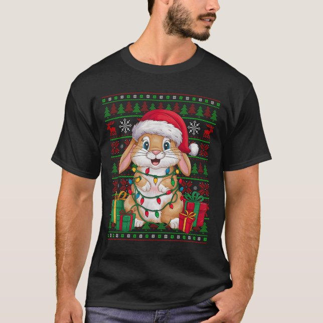 Rabbit Bunny Xmas Lights Ugly Santa Hat Bunny Chri T Shirt (Framsida)