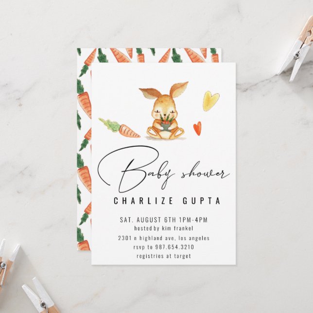 Rabbit carrot Baby Shower Inbjudan Girl rosa (Fram/Back In Situ)