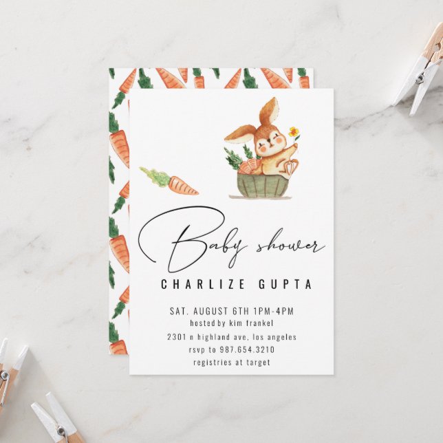 Rabbit carrot Baby Shower Inbjudan Girl rosa (Fram/Back In Situ)